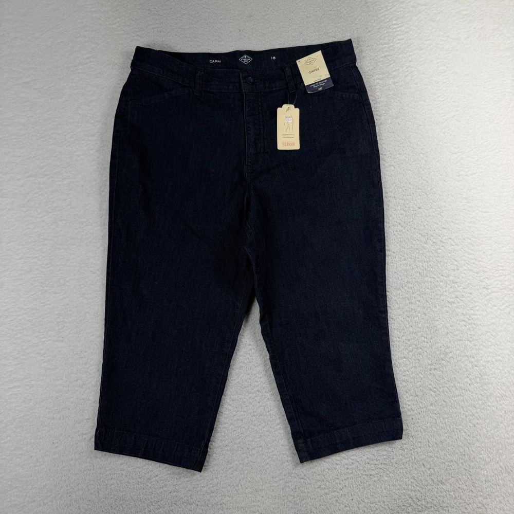 St. Johns Bay Dark Blue Denim Stretch Mid Rise Capri Front & Back Pockets 16 W34